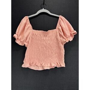 Blashe Smocked Puff Sleeve Crop Top Coral/pink Size L Boho Bardot